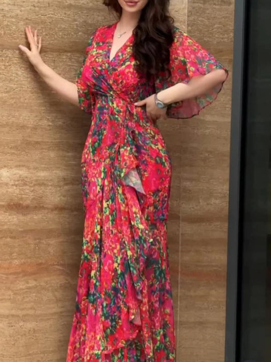 SCARLETT | RETRO V-NECK TRUMPET SLEEVE PRINTED DRESS