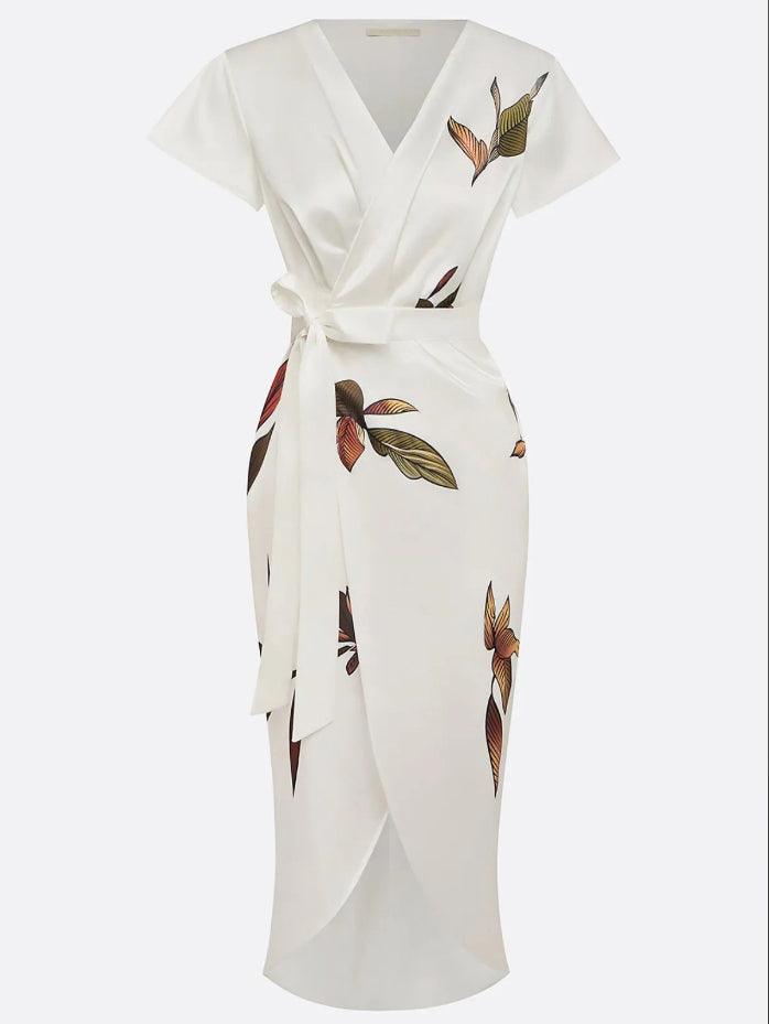 NORA | WHITE LEAF SHORT SLEEVE SATIN WRAP SHEATH MIDI DRESS
