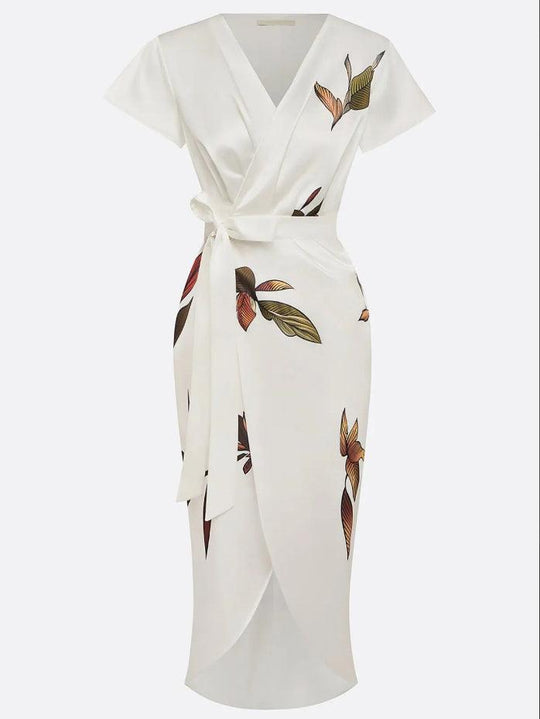 NORA | WHITE LEAF SHORT SLEEVE SATIN WRAP SHEATH MIDI DRESS
