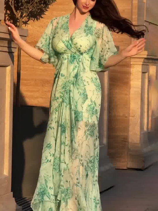 SCARLETT | RETRO V-NECK TRUMPET SLEEVE PRINTED DRESS