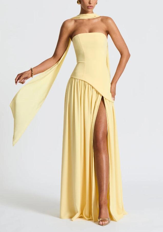 ZOE | STRAPLESS SLIT RIBBON MAXI DRESS