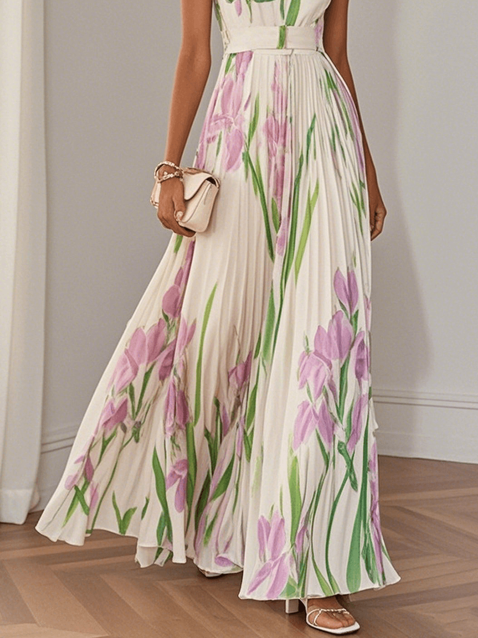 LUCY | WHITE PLEATED FLORAL CHIFFON SQUARE NECK SLEEVELESS A-LINE MAXI DRESS