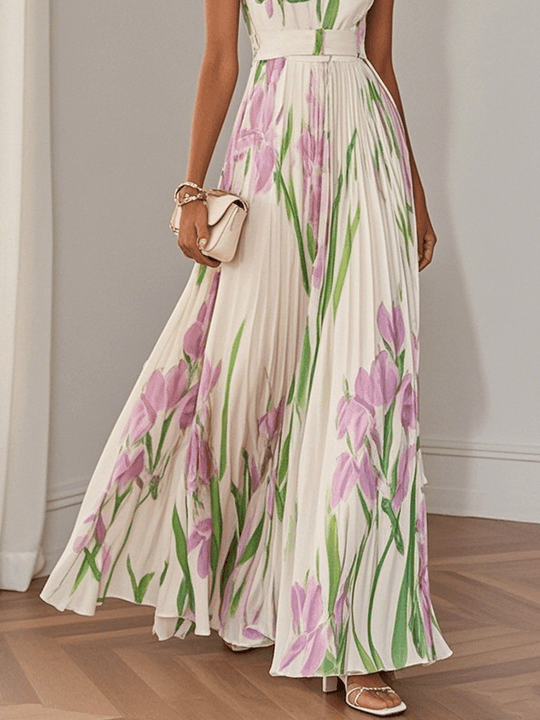 LUCY | WHITE PLEATED FLORAL CHIFFON SQUARE NECK SLEEVELESS A-LINE MAXI DRESS