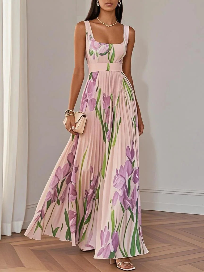 LUCY | WHITE PLEATED FLORAL CHIFFON SQUARE NECK SLEEVELESS A-LINE MAXI DRESS