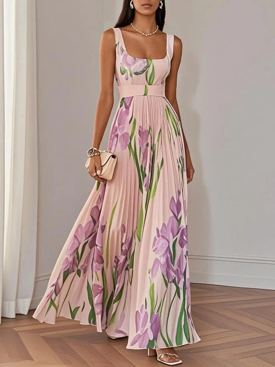LUCY | WHITE PLEATED FLORAL CHIFFON SQUARE NECK SLEEVELESS A-LINE MAXI DRESS