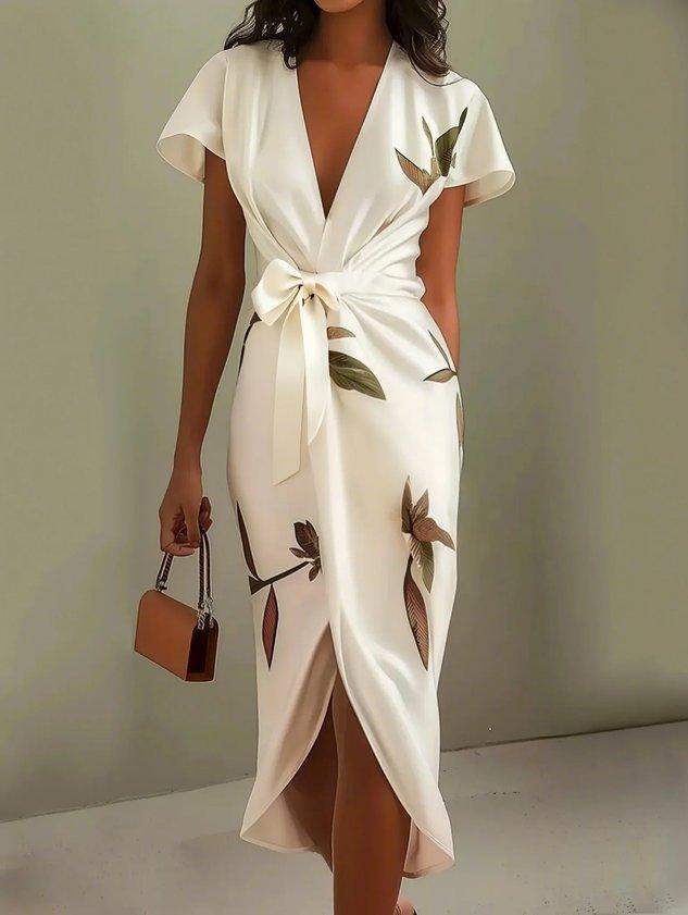 NORA | WHITE LEAF SHORT SLEEVE SATIN WRAP SHEATH MIDI DRESS