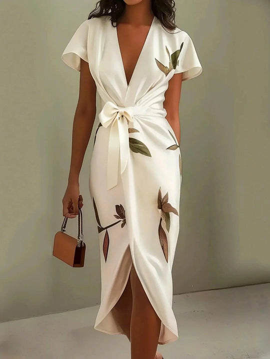 NORA | WHITE LEAF SHORT SLEEVE SATIN WRAP SHEATH MIDI DRESS
