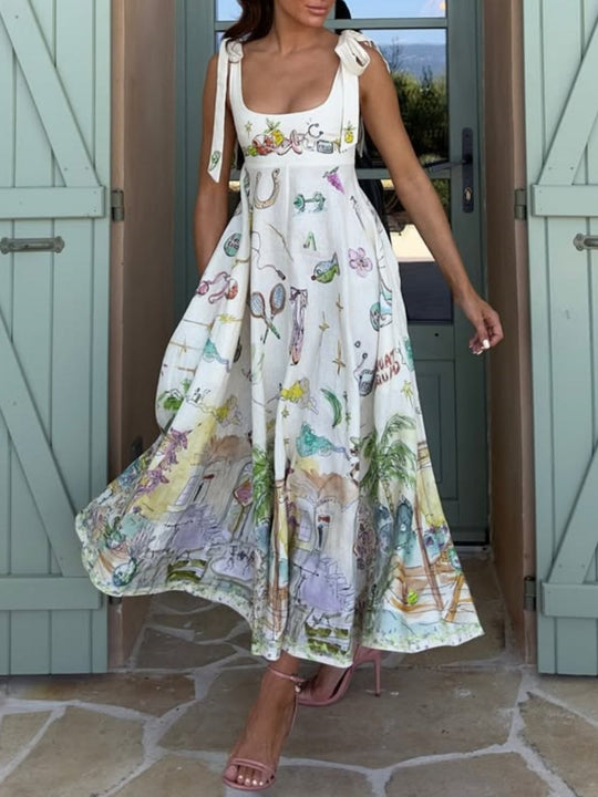 GRACE | LINEN PAINTED BALLET TIE MIDI DRESS