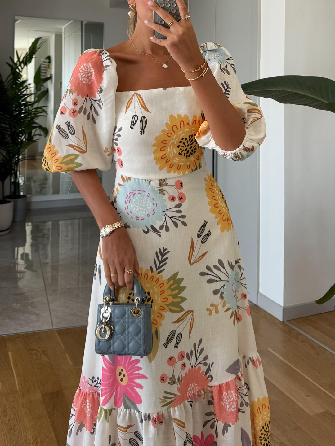 DAISY | SQUARE NECK FLORAL PRINT PUFF SLEEVE MIDI DRESS