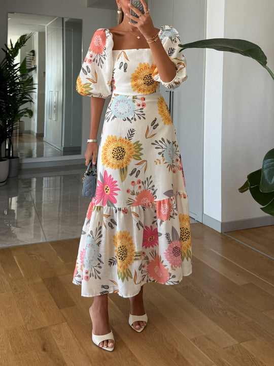DAISY | SQUARE NECK FLORAL PRINT PUFF SLEEVE MIDI DRESS