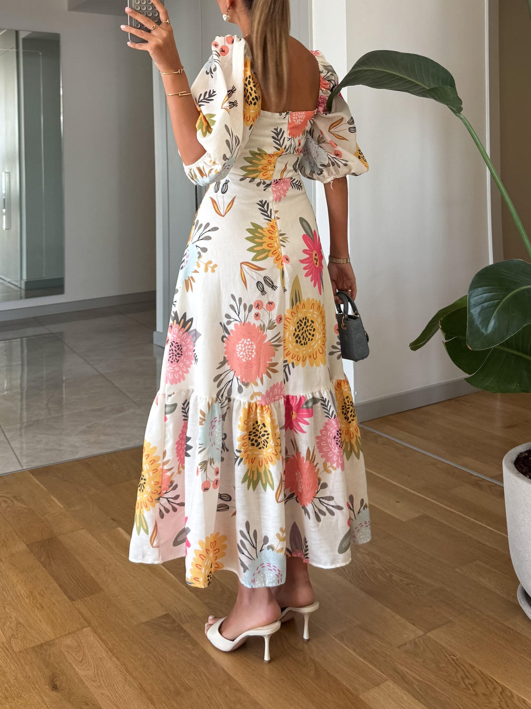 DAISY | SQUARE NECK FLORAL PRINT PUFF SLEEVE MIDI DRESS