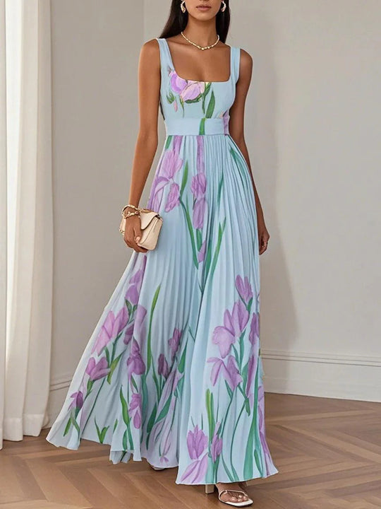 LUCY | WHITE PLEATED FLORAL CHIFFON SQUARE NECK SLEEVELESS A-LINE MAXI DRESS