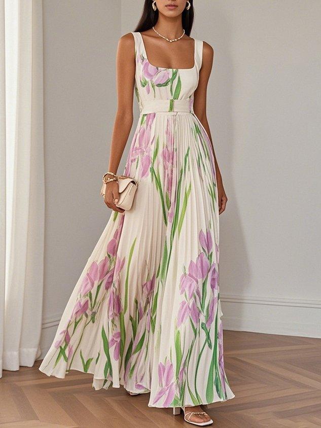 LUCY | WHITE PLEATED FLORAL CHIFFON SQUARE NECK SLEEVELESS A-LINE MAXI DRESS