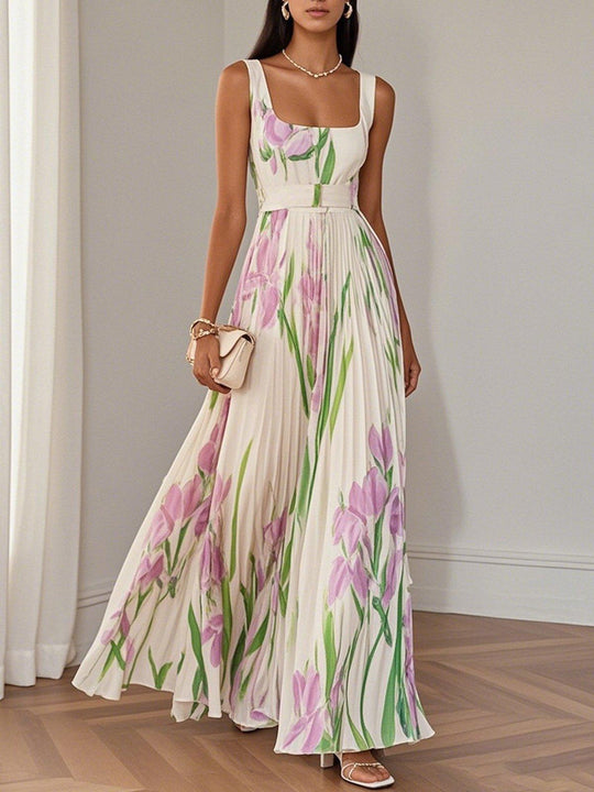LUCY | WHITE PLEATED FLORAL CHIFFON SQUARE NECK SLEEVELESS A-LINE MAXI DRESS