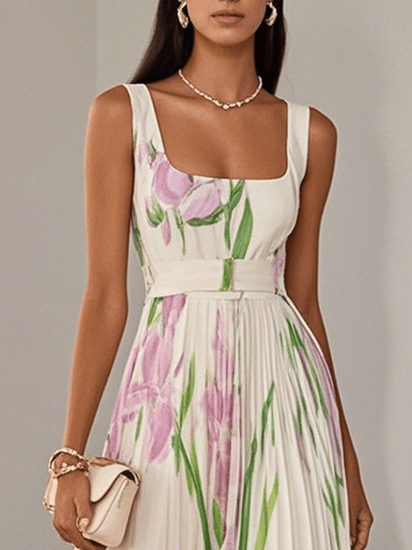 LUCY | WHITE PLEATED FLORAL CHIFFON SQUARE NECK SLEEVELESS A-LINE MAXI DRESS