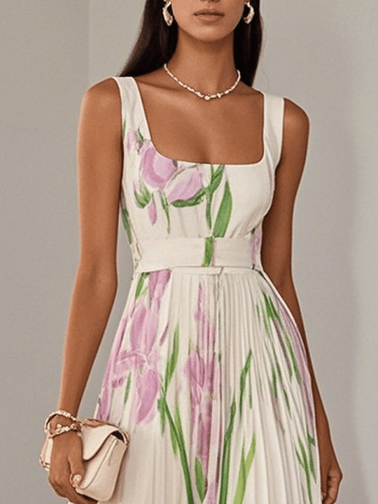 LUCY | WHITE PLEATED FLORAL CHIFFON SQUARE NECK SLEEVELESS A-LINE MAXI DRESS