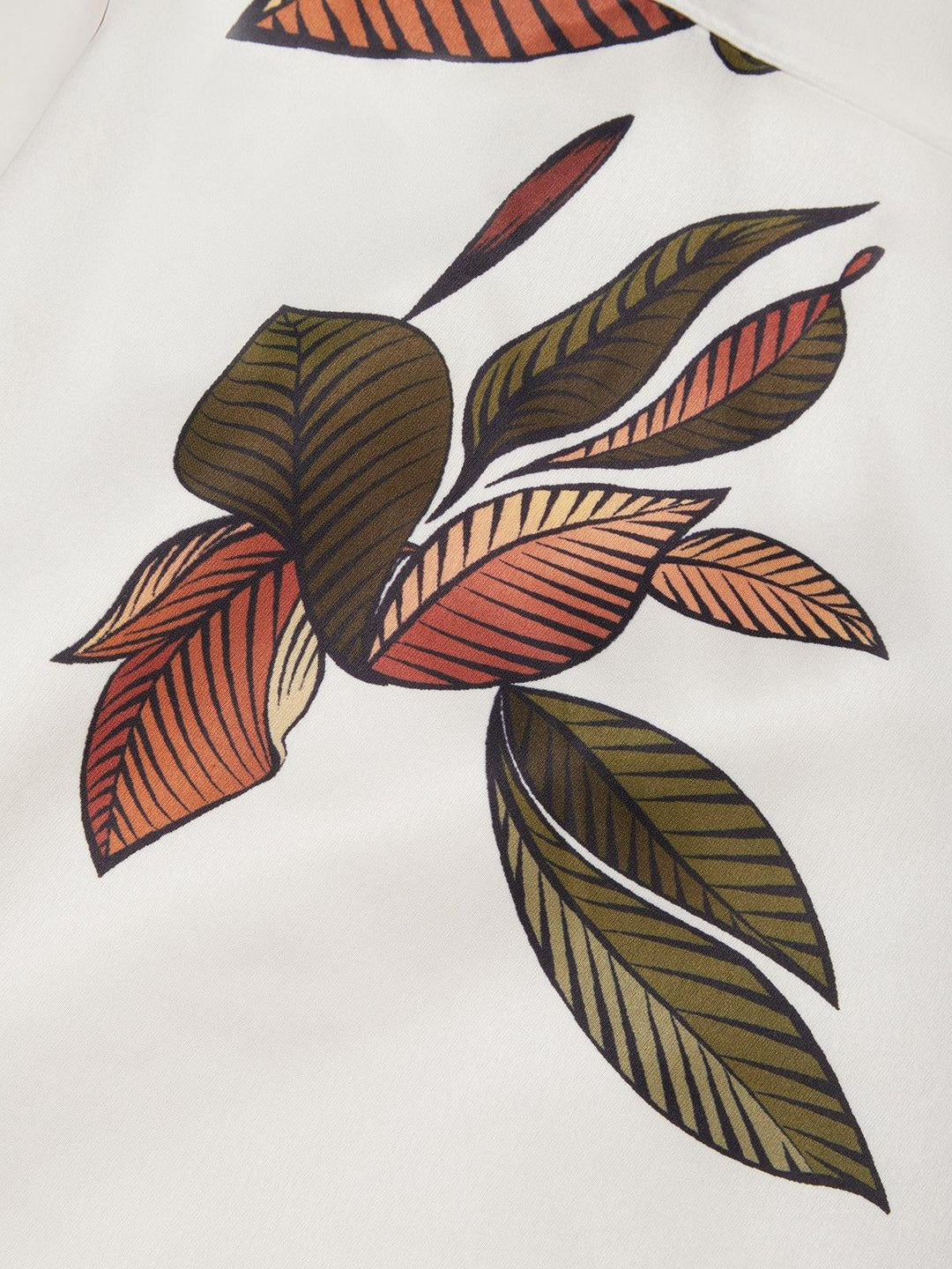 NORA | WHITE LEAF SHORT SLEEVE SATIN WRAP SHEATH MIDI DRESS