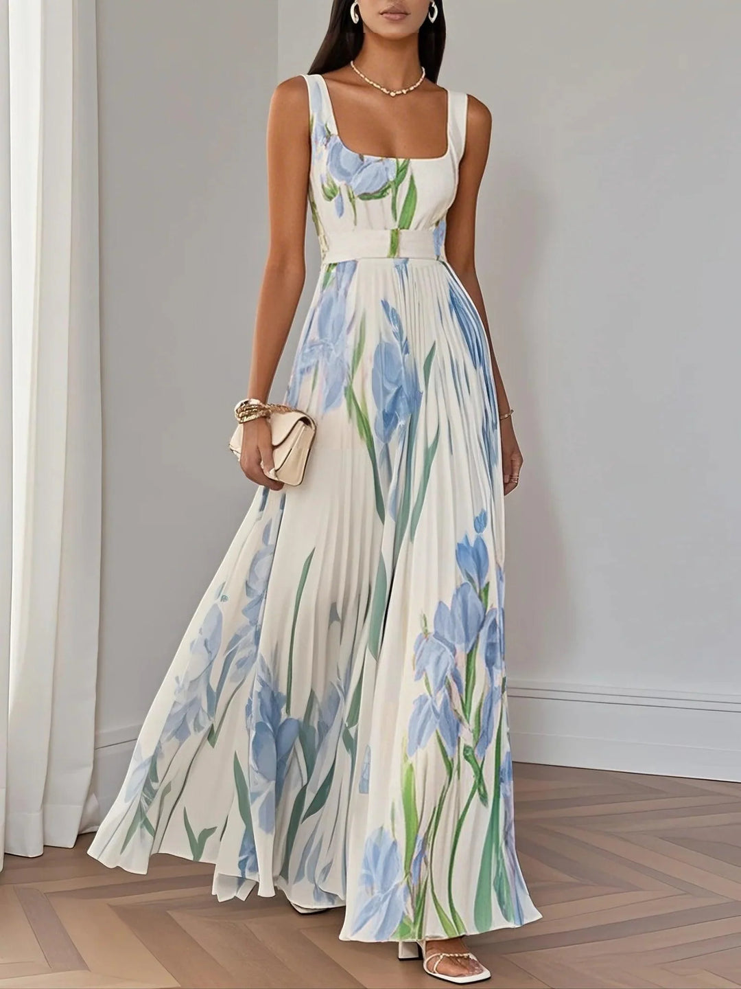 LUCY | WHITE PLEATED FLORAL CHIFFON SQUARE NECK SLEEVELESS A-LINE MAXI DRESS