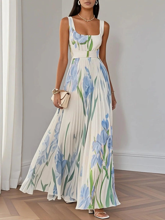 LUCY | WHITE PLEATED FLORAL CHIFFON SQUARE NECK SLEEVELESS A-LINE MAXI DRESS