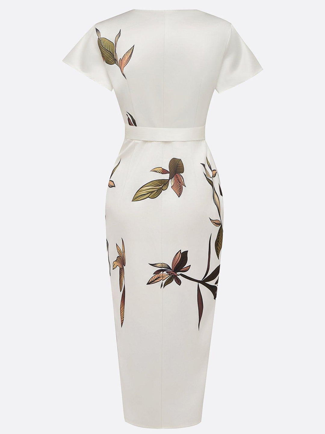 NORA | WHITE LEAF SHORT SLEEVE SATIN WRAP SHEATH MIDI DRESS