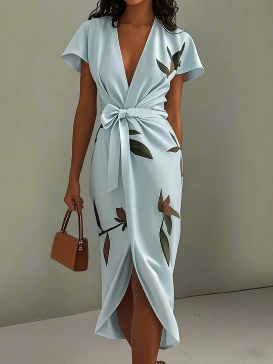 NORA | WHITE LEAF SHORT SLEEVE SATIN WRAP SHEATH MIDI DRESS