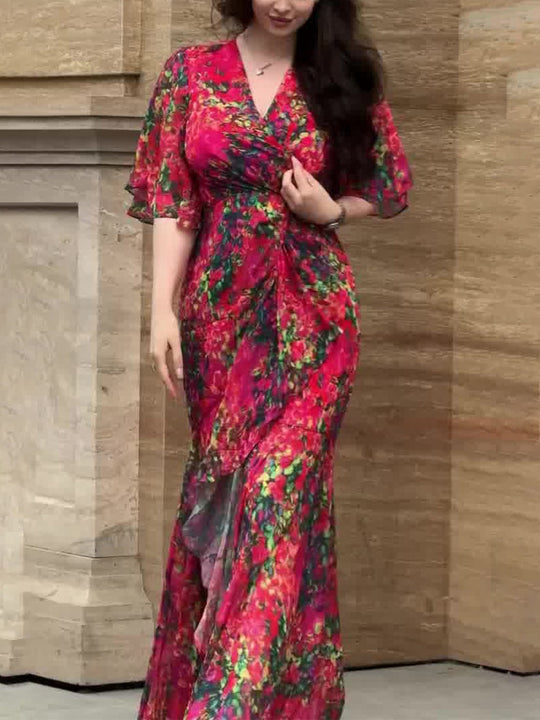 SCARLETT | RETRO V-NECK TRUMPET SLEEVE PRINTED DRESS