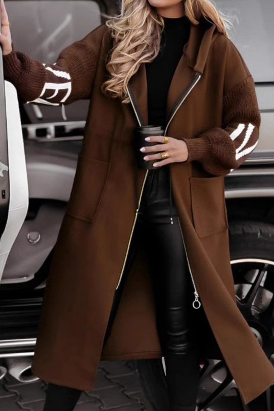 EVELYN | LONG COAT WITH KNITTED SLEEVES AND HOOD