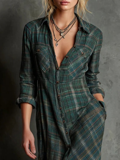 LAUREN | LONG DRESS WITH GREEN CHECKED LAPELS