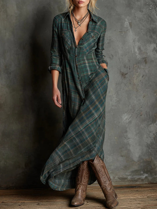 LAUREN | LONG DRESS WITH GREEN CHECKED LAPELS