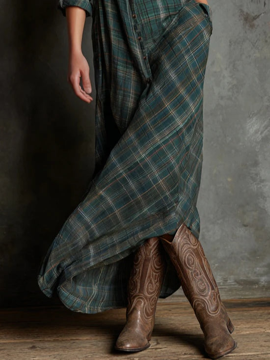LAUREN | LONG DRESS WITH GREEN CHECKED LAPELS