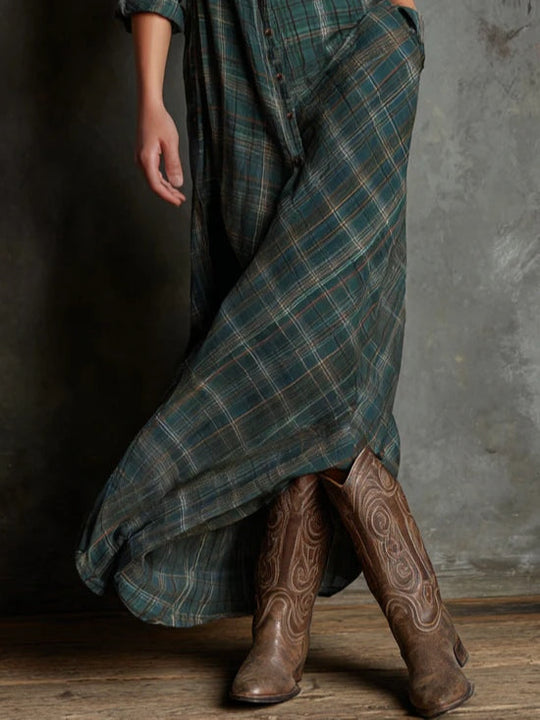 LAUREN | LONG DRESS WITH GREEN CHECKED LAPELS